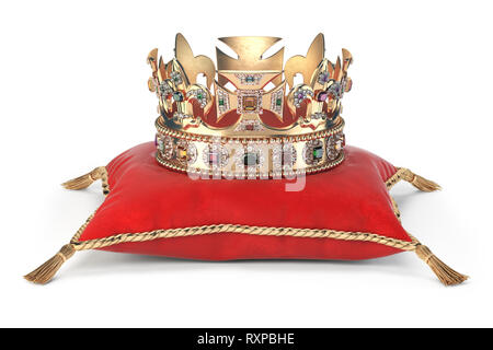 Golden crown with jewels on red velvet pillow for coronation isolated on white. 3d illustration Stock Photo