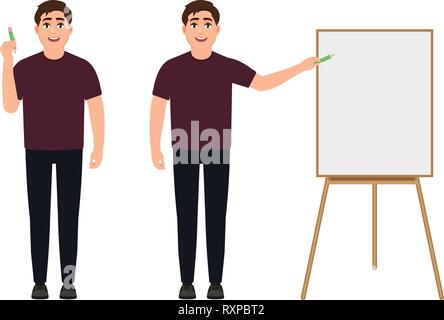 A young guy holds a pencil, a man writes in pencil on an easel, a happy man presents something, a character in a cartoon style Stock Vector