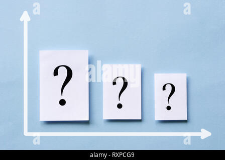 Chart with three white cards with question marks arranged in descending size along the axes over a blue background in a conceptual image Stock Photo