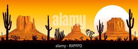Landscape rocky desert. Mountains and cacti. Sunny sunset in the desert. Monument Valley in Arizona and Utah. Stock Vector
