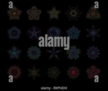 Abstract crystal icons set. Radial color patterns. Linear logos template. Modern emblems idea. Isolated vector illustration on black background. Stock Vector