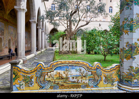 Naples Campania Italy. Santa Chiara Basilica Church. The cloister of the Clarisses, transformed in 1742 by Domenico Antonio Vaccaro with the unique ad Stock Photo