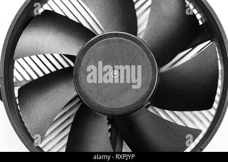 Fan blades of computer processor cooler. Close-up view Stock Photo