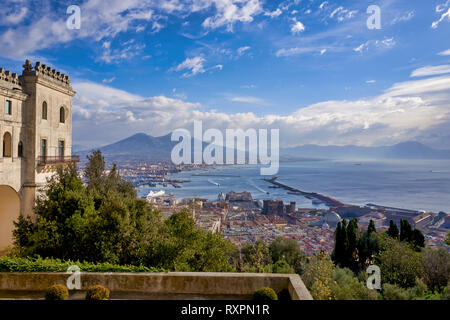 Naples Campania Italy. View of the gulf of Naples and Mount Vesuvius from the Certosa di San Martino (Charterhouse of St. Martin), a former monastery 