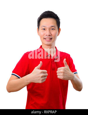 Portrait handsome asian man giving double thumb up on white background Stock Photo