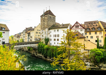 The Black Tower and Aare river in Brugg old town Stock Photo