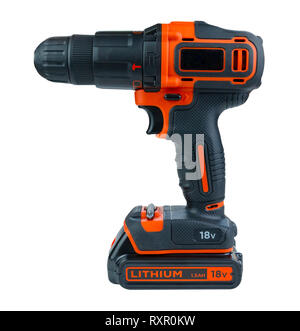Battery powered cordless drill on an isolated white background Stock Photo
