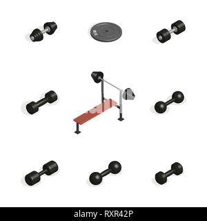 Set of sports equipment items. Elements design for gym and fitness room. 3D isometric style, vector illustration. Stock Vector