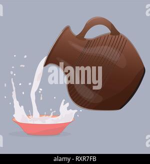 Flat drawing of a clay jug. Ceramic tableware for liquid. Pour milk from a jug. Grey, isolated. Vector. Stock Vector