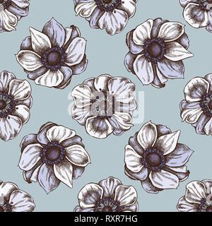 Seamless pattern with hand drawn colored anemone stock illustration Stock Vector