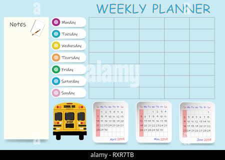 School calendar for the second quarter of 2019 and blank weekly planner on light blue background. Stock Vector
