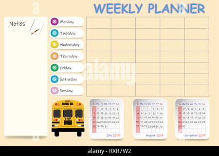 School calendar for the third quarter of 2019 and blank weekly planner on yellow background. Stock Vector