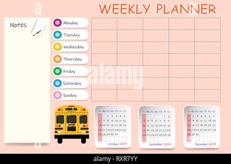 School calendar for the fourth quarter of 2019  and blank weekly planner on light orange background. Stock Vector
