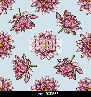 Seamless pattern with hand drawn colored lotus Stock Vector