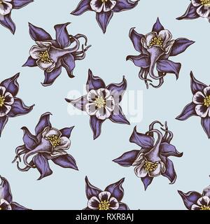 Seamless pattern with hand drawn colored aquilegia Stock Vector