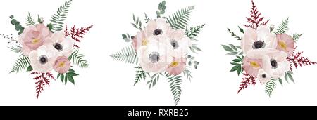 Vector floral bouquet design anemone, Eucalyptus branch . Wedding vector invite card Watercolor designer element set. Stock Vector