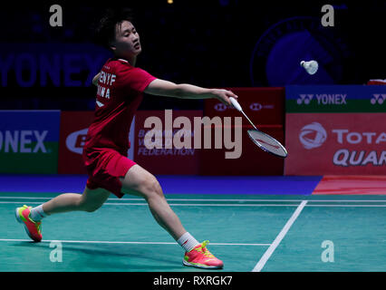 Birmingham, UK. 10th Mar, 2019. China's Chen Yufei competes during the women's singles final match against Tai Tzu Ying of Chinese Taipei at the All England Open Badminton Championships 2019 in Birmingham, Britain on March 10, 2019. Chen Yufei won 2-0 to claim the title. Credit: Han Yan/Xinhua/Alamy Live News Stock Photo