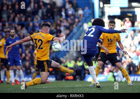 London, UK. 10th Mar 2019. Willian of Chelsea (22) takes a shot at goal. Premier League match, Chelsea v Wolverhampton Wanderers at Stamford Bridge in London on Sunday 10th March 2019.  this image may only be used for Editorial purposes. Editorial use only, license required for commercial use. No use in betting, games or a single club/league/player publications. pic by Steffan Bowen/ Andrew Orchard sports photography/Alamy Live news Stock Photo