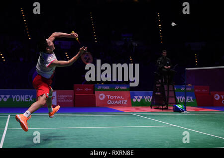 Arena Birmingham Birmingham UK. 10th Mar 2019. Yonex All England Open Badminton Championships day 5 mens singles final Kento MOMOTA of Japan versus Viktor AXELSEN of Denmark Kento MOMOTA of Japan smas...