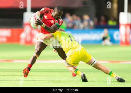 Vancouver, Canada. 10 March, 2019..   Rodney Davies of Australia tackling Bush Mwale of Kenya. 2019 HSBC Canada Sevens Rugby - Day Two, BC Place Stadium. © Gerry Rousseau/Alamy Live News Stock Photo
