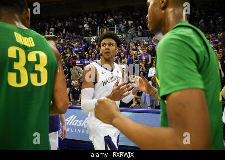 Seattle, WA, USA. 9th Mar, 2019. Washington Huskies guard Matisse Thybulle (4) after a college men's basketball game between the Oregon Ducks and the Washington Huskies at Alaska Airlines Arena in Seattle, WA. The Ducks defeated the Huskies 55-46. Sean Brown/CSM/Alamy Live News Stock Photo