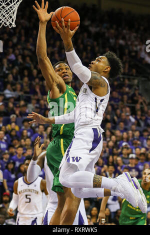 Seattle, WA, USA. 9th Mar, 2019. Washington Huskies guard David Crisp (1) attempts a layup during a college men's basketball game between the Oregon Ducks and the Washington Huskies at Alaska Airlines Arena in Seattle, WA. The Ducks defeated the Huskies 55-46. Sean Brown/CSM/Alamy Live News Stock Photo