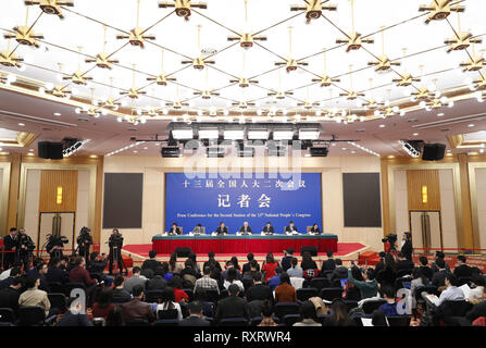 (190311) -- BEIJING, March 11, 2019 (Xinhua) -- Minister of Science and Technology Wang Zhigang, Vice Minister of Science and Technology Li Meng, Director-General of Department of Strategic Planning of the ministry Xu Jing, Director-General of Department of Policy, Regulation and Innovation System of the ministry He Defang, and Director-General of Department of Resource Allocation and Management of the ministry Zhang Xiaoyuan, attend a press conference on 'making China a country of innovators' for the second session of the 13th National People's Congress (NPC) in Beijing, capital of China, Mar Stock Photo