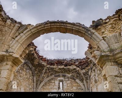 Burgondo Chapel near the abandonded haunted village of Ochate, Treviño Country, Burgos, Spain Stock Photo
