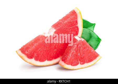Grapefruit slices with leaves isolated on white background. Stock Photo