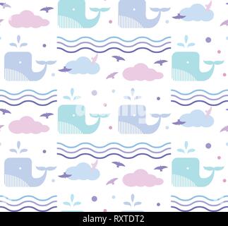Blue whale in the sea. Waves and drops seamless pattern Stock Vector