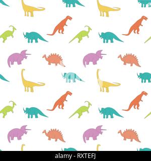 Seamless pattern withmulticolors, bright dinosaurs on the white background. Colorful set Stock Vector
