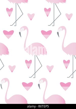 Seamless pattern with pink flamihgo and hearts. bright and colorful background Stock Vector