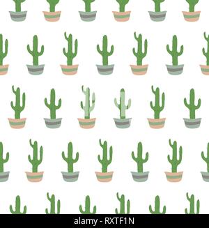 Seamless pattern with potted cactus on hte white background. Stock Vector