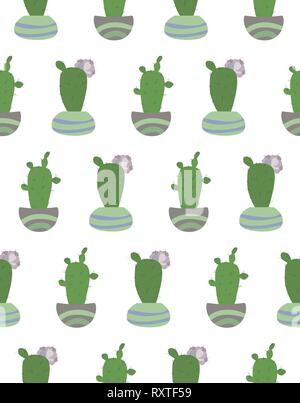 Seamless pattern with potted cactus on hte white background. Stock Vector
