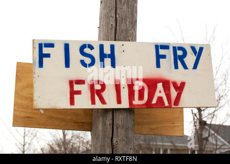 Sign advertising Fish Fry Friday during the religious observance of  meatless dinners during Lent in Christian churches Stock Photo