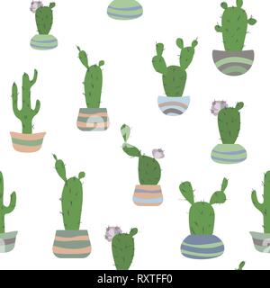 Seamless pattern with potted cactus on hte white background. Stock Vector