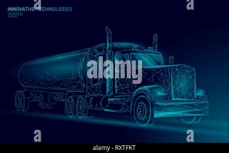 American truck low poly. Logistic transportation business trailer. Fast speed industry cargo delivery big heavy vehicle perspective view on highway Stock Vector
