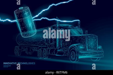 Power battery electric truck low poly.Rechargeable ecological environment green transport business trailer. Fast speed semi-trailer perspective view Stock Vector
