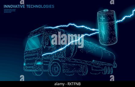Power battery electric truck low poly.Rechargeable ecological environment green transport business trailer. Fast speed semi-trailer perspective view Stock Vector