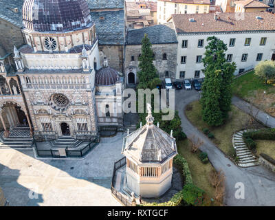 Travel to Italy - above view of Piazza Duomo with Cappella Colleoni and Baptistery from Campanone (Torre civica) bell tower in Citta Alta (Upper Town) Stock Photo