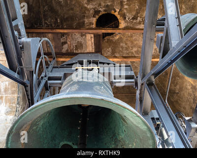 Travel to Italy - bottom view of the bell of Campanone (Torre civica) belltower in Citta Alta (Upper Town) of Bergamo city, Lombardy Stock Photo