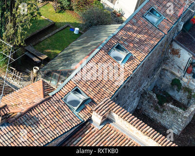Travel to Italy - above view of Secret Passage of Podesta in Bergamo town from Campanone (Torre civica) bell tower in Citta Alta (Upper Town) Stock Photo
