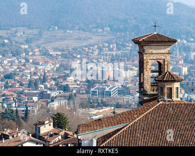 Travel to Italy - view of bell tower of church Chiesa di San Michele all Arco and city from Campanone tower in Citta Alta (Upper Town) of Bergamo Stock Photo