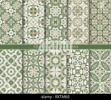 Ten seamless patterns in Oriental style. Eastern ornaments for design fabric, wrapping paper or scrapbooking. Vector illustration in green colors. Stock Vector