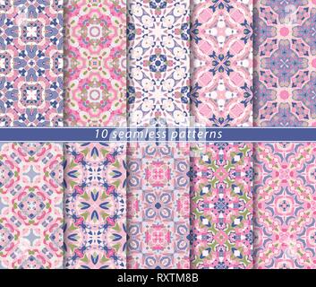 Vector set of ten seamless abstract patterns in shades of blue and pink. Decorative and design elements for textile, book covers, manufacturing, wallp Stock Vector