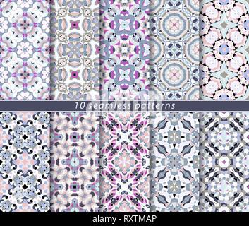 Ten seamless patterns in Oriental style. Eastern ornaments for design fabric, wrapping paper or scrapbooking. Vector illustration in green and red col Stock Vector