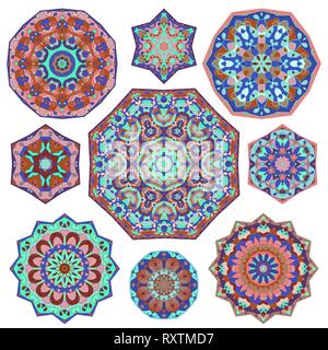 Set of nine abstract circular elements. Round colorful mandalas. Graphic template for your design. Vector illustration. Stock Vector