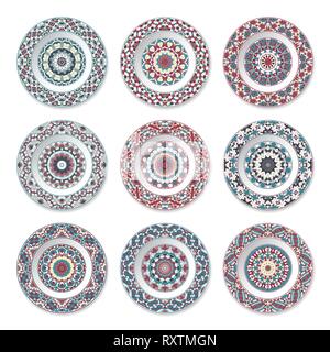 Set of nine decorative plates with a circular colored pattern, top view. White background. Vector illustration. Stock Vector