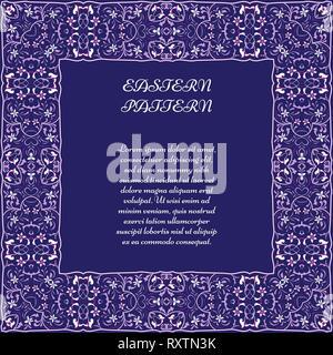 Colored square frame on dark blue background. Ornate vignette for Your design cards, invitations. Element in Arabic style. Vector illustration. Stock Vector