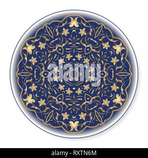 Blue decorative plate with rich gold pattern, top view. Circular ornament with arabesques. Vector illustration in Arabic style. Stock Vector